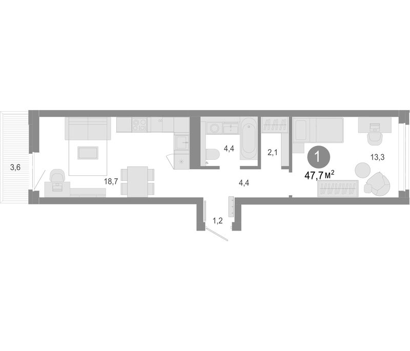 Планировка 2е-к. квартира 46.62 м² в ЖК «Молодость»