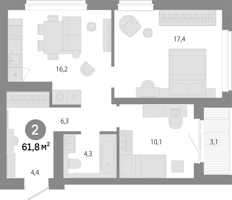 Планировка 3е-к. квартира 58.70 м² в ЖК «Молодость»