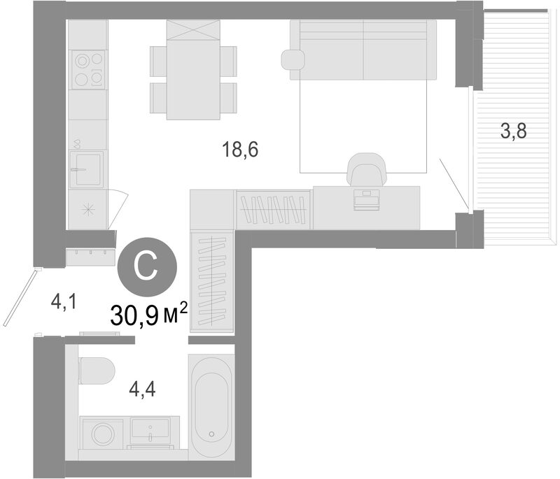 Планировка студии 29.76 м² в ЖК «Молодость»