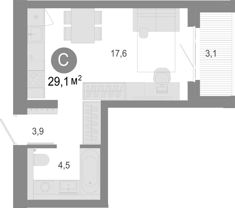 Планировка студии 26.00 м² в ЖК «Молодость»