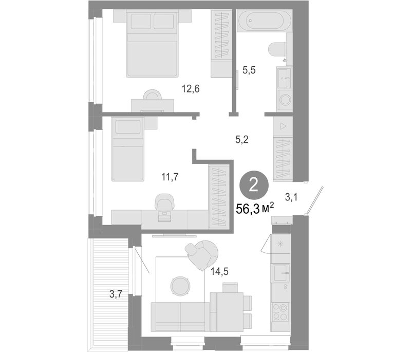 Планировка 3е-к.кв 54.45 м² в ЖК «Молодость»