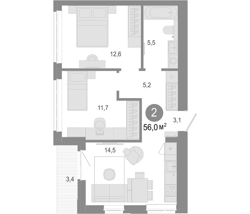 Планировка 3е-к.кв 52.60 м² в ЖК «Молодость»