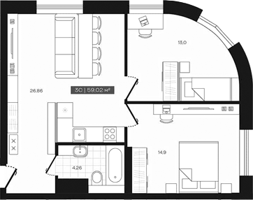 Планировка 3е-к.кв 59.02 м² в ЖК «Freedom»