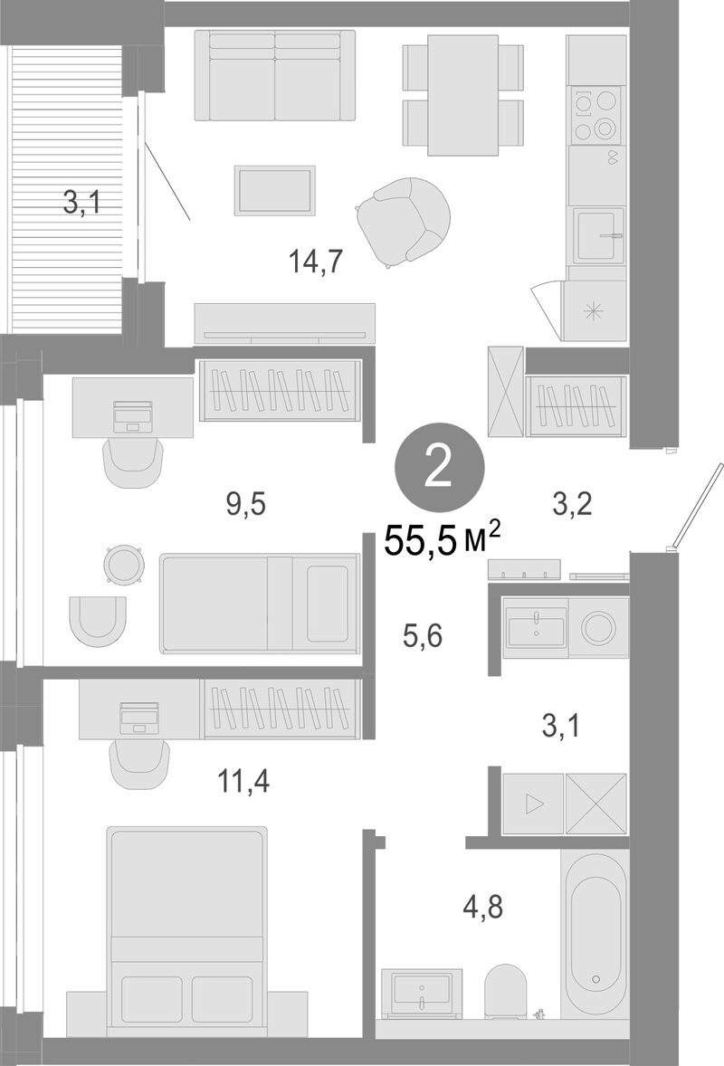 Планировка 3е-к.кв 52.40 м² в ЖК «Молодость»