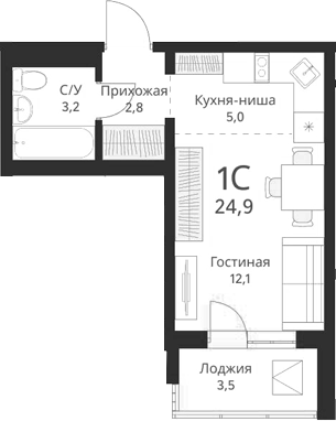 Планировка студии 23.15 м² в ЖК «Виноград»