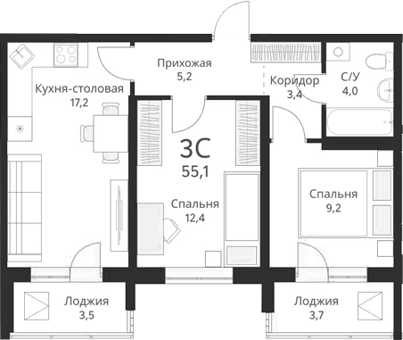 Планировка 2-к.кв 51.50 м² в ЖК «Виноград»