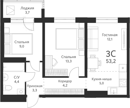 Планировка 3е-к.кв 51.35 м² в ЖК «Виноград»