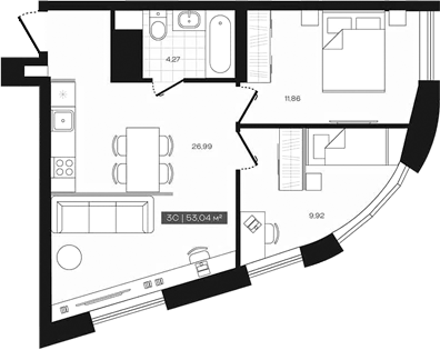 Планировка 3е-к.кв 53.04 м² в ЖК «Freedom»