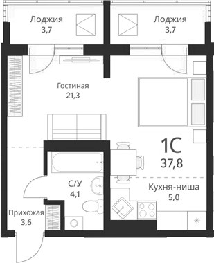 Планировка студии 34.10 м² в ЖК «Виноград»