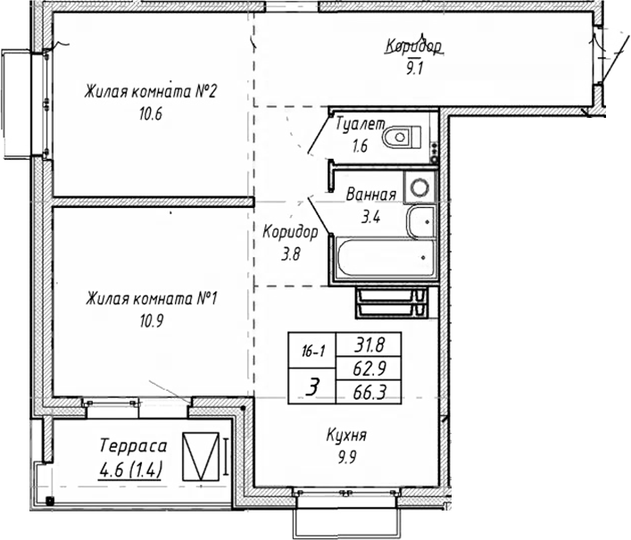 Планировка 3-к.кв 62.90 м² в ЖК «Виноград»