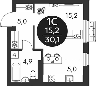 Планировка студии 30.10 м² в ЖК «Скандинавские кварталы»