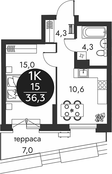Планировка 1-к. квартира 34.20 м² в ЖК «Скандинавские кварталы»