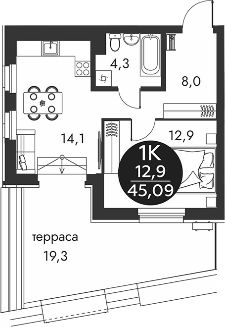 Планировка 1-к. квартира 39.30 м² в ЖК «Скандинавские кварталы»