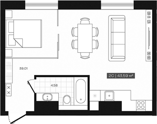 Планировка студии 43.59 м² в ЖК «Freedom»