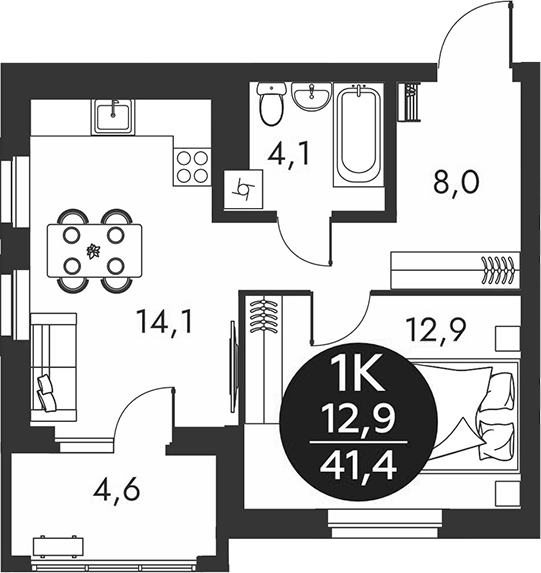 Планировка 1-к.кв 39.10 м² в ЖК «Скандинавские кварталы»