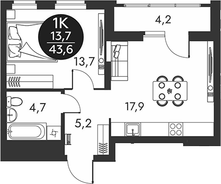 Планировка 1-к.кв 41.50 м² в ЖК «Скандинавские кварталы»