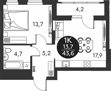 Планировка 1-к. квартира 41.50 м² в ЖК «Скандинавские кварталы»