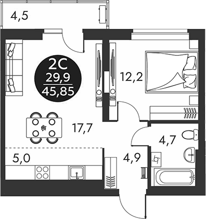 Планировка 2е-к.кв 44.50 м² в ЖК «Скандинавские кварталы»
