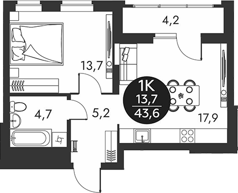 Планировка 1-к. квартира 41.50 м² в ЖК «Скандинавские кварталы»