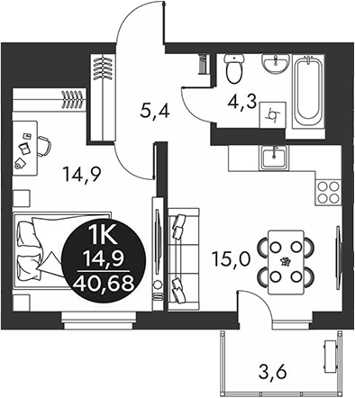 Планировка 1-к. квартира 39.60 м² в ЖК «Скандинавские кварталы»