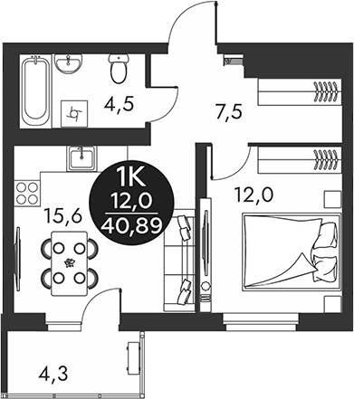Планировка 1-к.кв 39.60 м² в ЖК «Скандинавские кварталы»