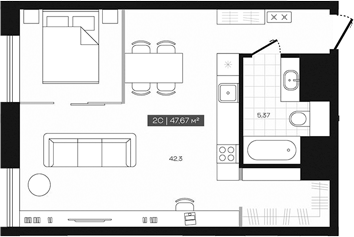 Планировка студии 47.67 м² в ЖК «Freedom»