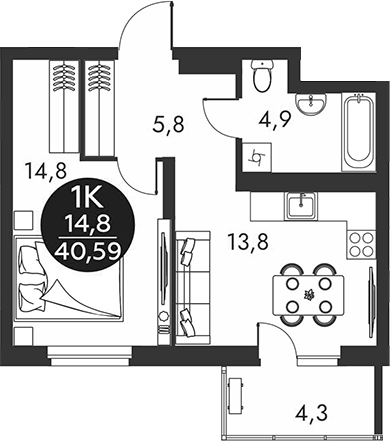 Планировка 1-к.кв 39.30 м² в ЖК «Скандинавские кварталы»