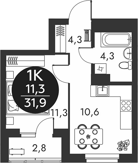 Планировка 1-к.кв 30.50 м² в ЖК «Скандинавские кварталы»
