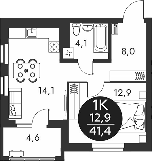 Планировка 1-к.кв 39.10 м² в ЖК «Скандинавские кварталы»