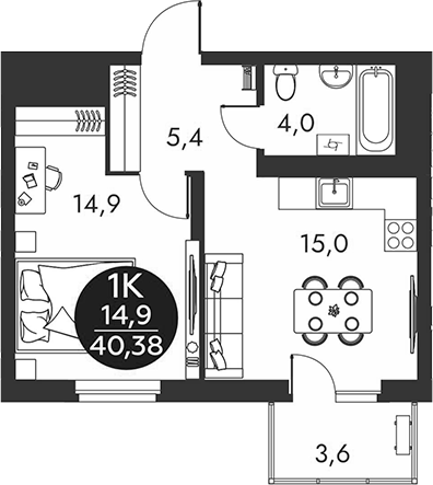 Планировка 1-к.кв 39.30 м² в ЖК «Скандинавские кварталы»