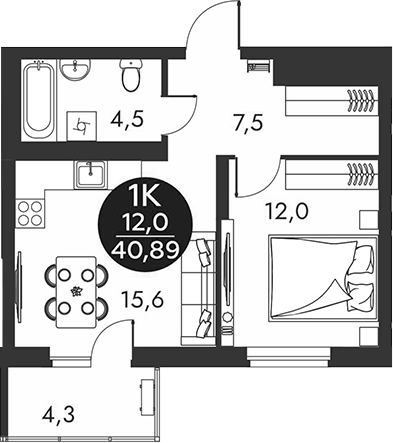 Планировка 1-к.кв 39.60 м² в ЖК «Скандинавские кварталы»