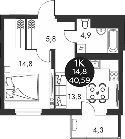 Планировка 1-к. квартира 39.30 м² в ЖК «Скандинавские кварталы»