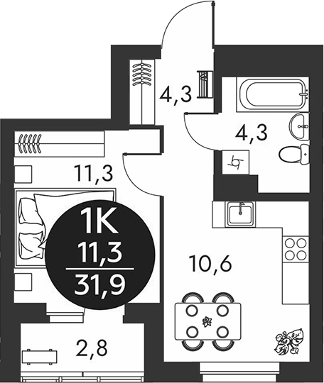 Планировка 1-к.кв 30.50 м² в ЖК «Скандинавские кварталы»