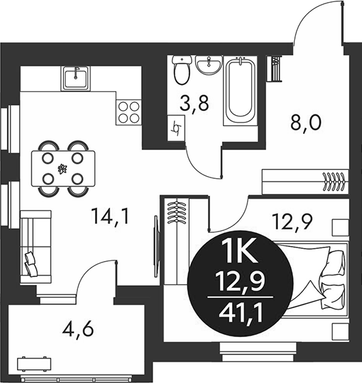 Планировка 1-к.кв 38.80 м² в ЖК «Скандинавские кварталы»