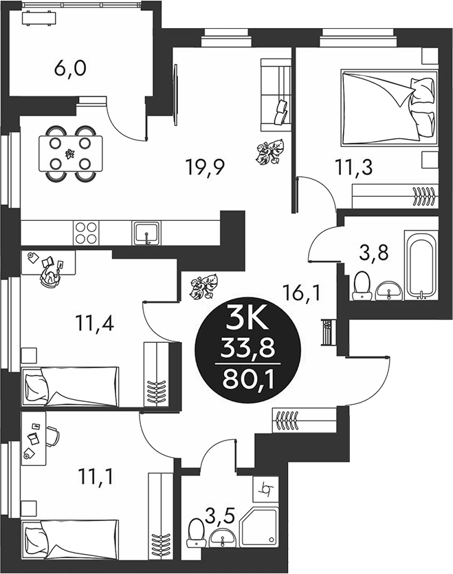 Планировка 3-к.кв 77.10 м² в ЖК «Скандинавские кварталы»