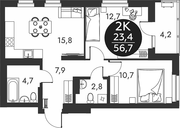 Планировка 2-к. квартира 54.60 м² в ЖК «Скандинавские кварталы»