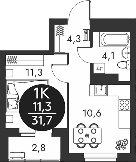 Планировка 1-к.кв 30.30 м² в ЖК «Скандинавские кварталы»