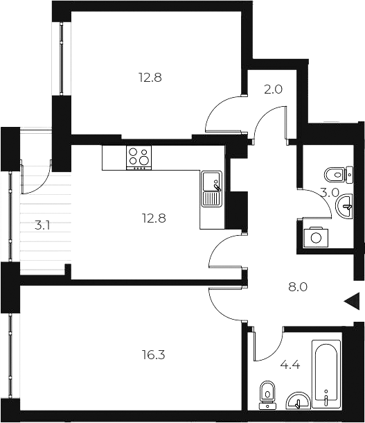 Планировка 2-к.кв 59.30 м² в ЖК «ОСКАР»