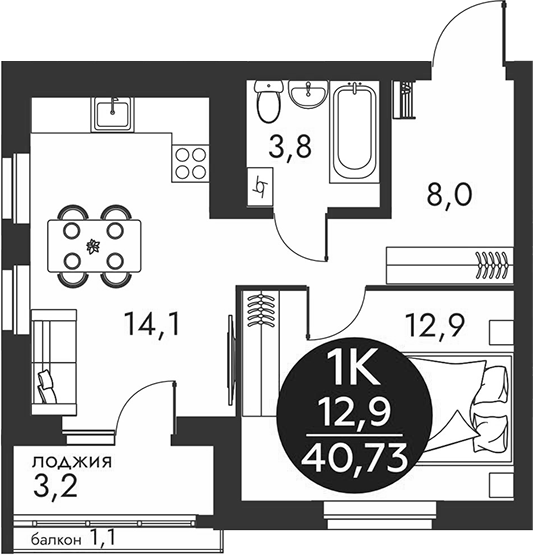 Планировка 1-к.кв 38.80 м² в ЖК «Скандинавские кварталы»