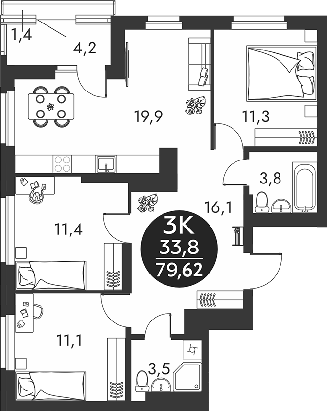 Планировка 3-к.кв 77.10 м² в ЖК «Скандинавские кварталы»