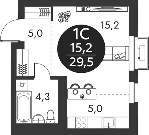 Планировка студии 29.50 м² в ЖК «Скандинавские кварталы»