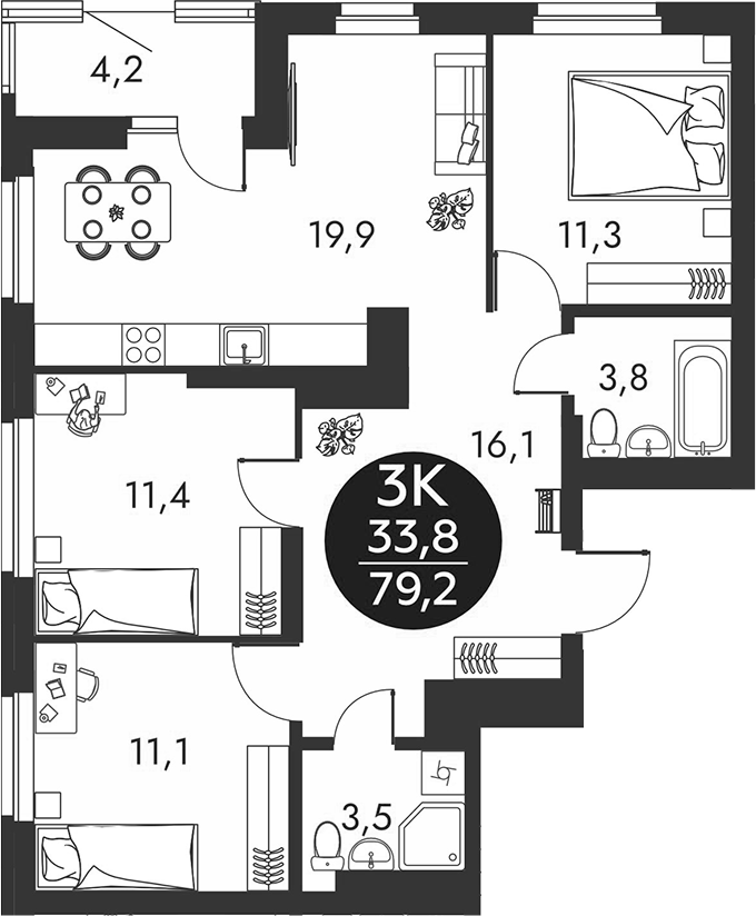 Планировка 3-к.кв 77.10 м² в ЖК «Скандинавские кварталы»