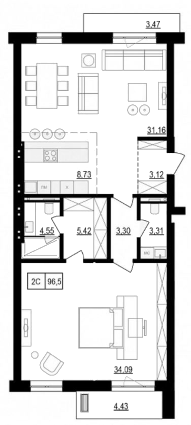 Планировка 2е-к.кв 99.44 м² в ЖК «Жуковка»