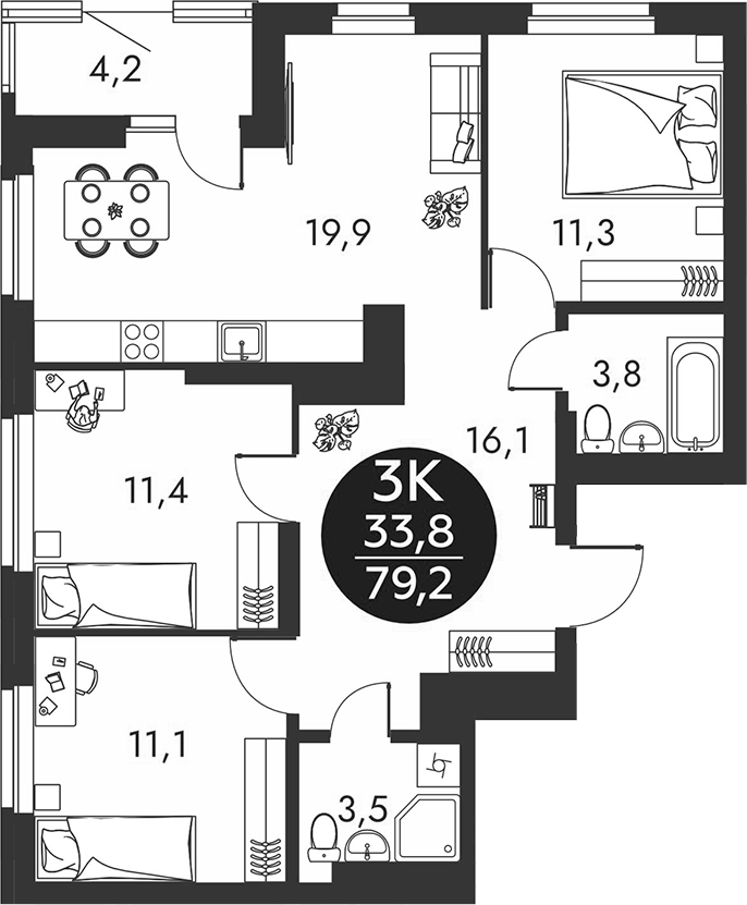 Планировка 3-к.кв 77.10 м² в ЖК «Скандинавские кварталы»
