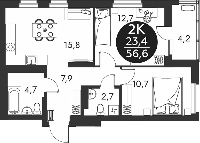 Планировка 2-к.кв 54.50 м² в ЖК «Скандинавские кварталы»