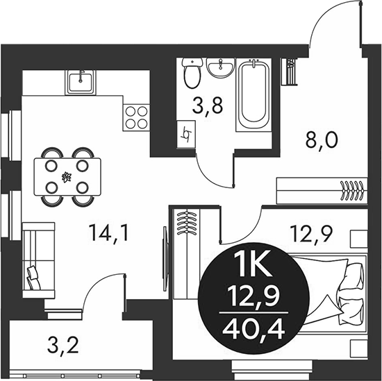 Планировка 1-к.кв 38.80 м² в ЖК «Скандинавские кварталы»