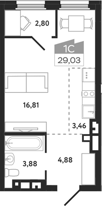 Планировка студии 29.03 м² в ЖК «Квартал 1604. Томск»