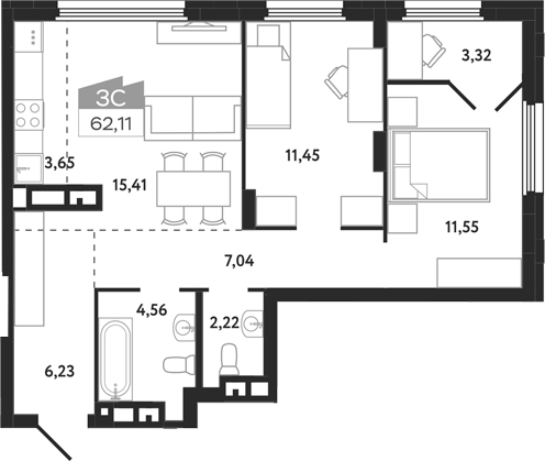 Планировка 3е-к.кв 62.11 м² в ЖК «Квартал 1604. Томск»