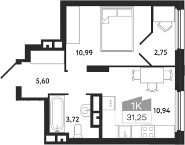 Планировка 1-к.кв 31.25 м² в ЖК «Квартал 1604. Томск»