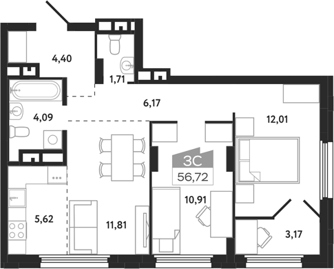 Планировка 3е-к.кв 56.72 м² в ЖК «Квартал 1604. Томск»